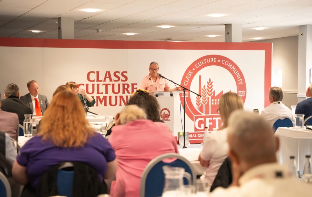 SWU General Secretary John McGowan presenting a SWU motion at the GFTU BGCM 2025
