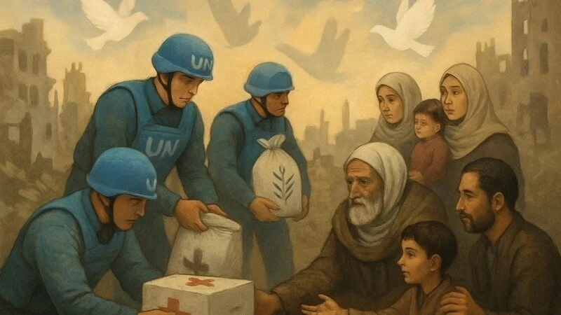 An image that looks like a painting set in the ruins of a city in Gaza - in the painting 3 UN workers wearing bulletproof vests and helmets hand over a bag of flour and medical supplies to a family of Palestinians as white doves fly overhead. 