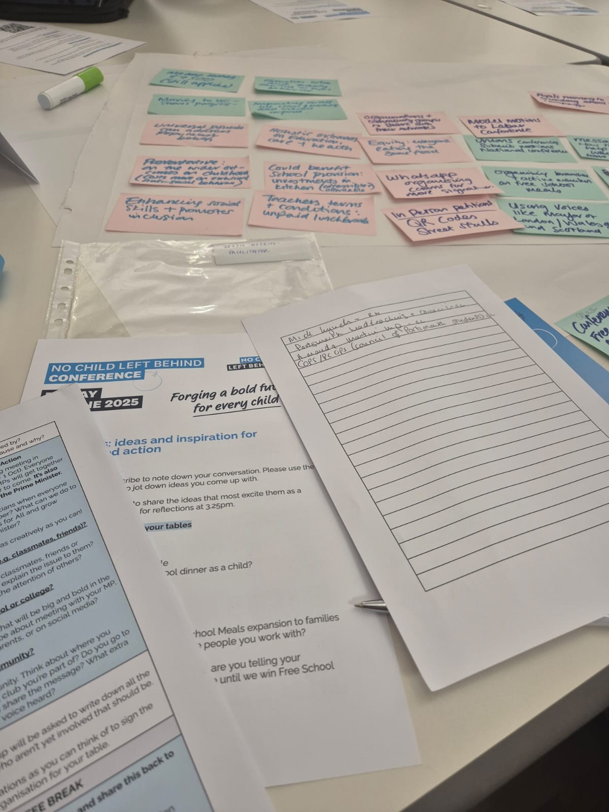 Notes from the No Child Left Behind coalition's summer conference 2025 are spread out across a table