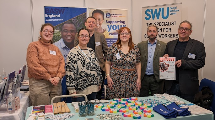 SWU and BASW England Staff standing at their shared stall at the COMPASS Birmingham Jobs Fair on 20 March 2023