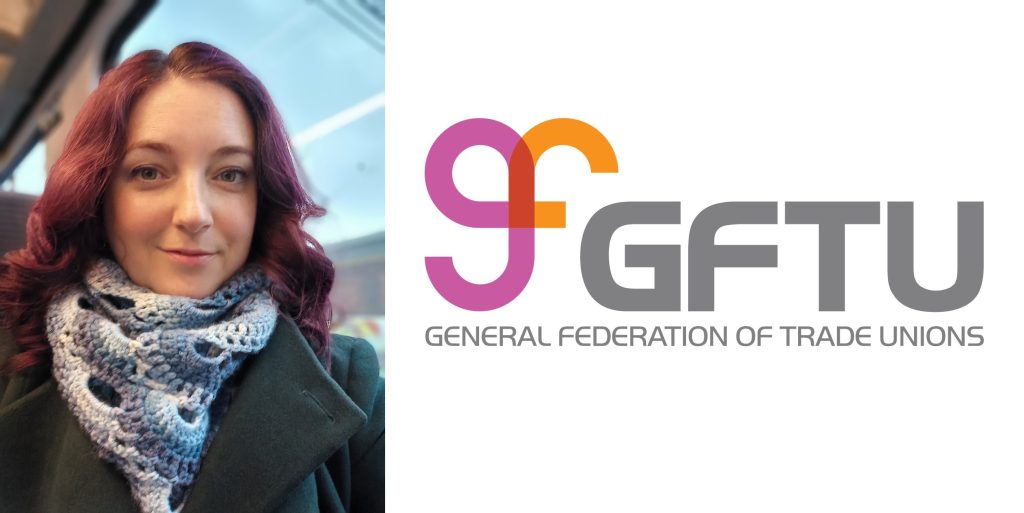 A photo of Dr Edda Nicolson next to the General Federation of Trade Unions (GFTU) logo