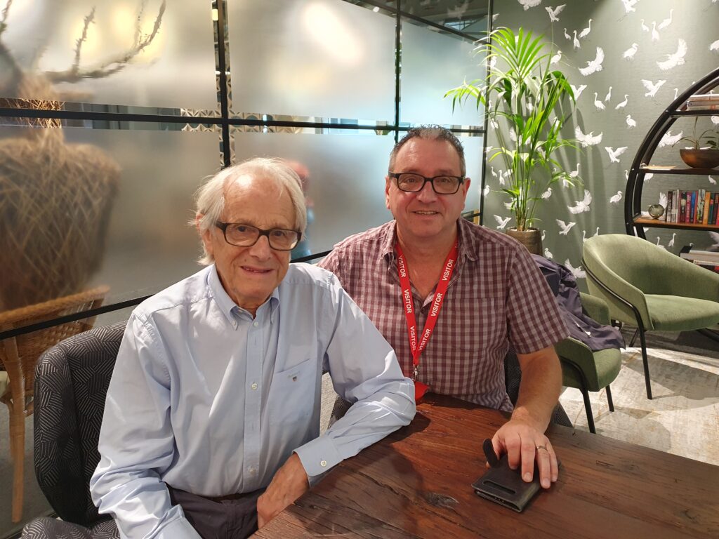 SWU General Secretary John McGowan (right) with film director Ken Loach (left) for an interview before the release of The Old Oak film (2023)